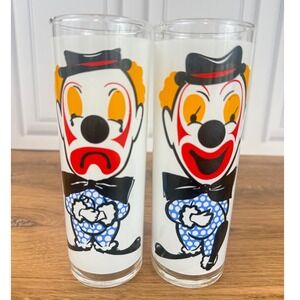 Vintage Libbey 1950s Set of 2 Happy Sad Clown Tom Collins 7" Iced Tea Tumblers